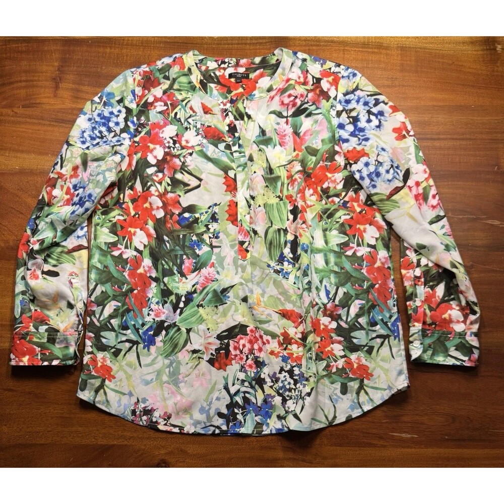 TALBOTS Petites L Top Blouse Petite Large Lp Floral Long Sleeve Popover V-Neck